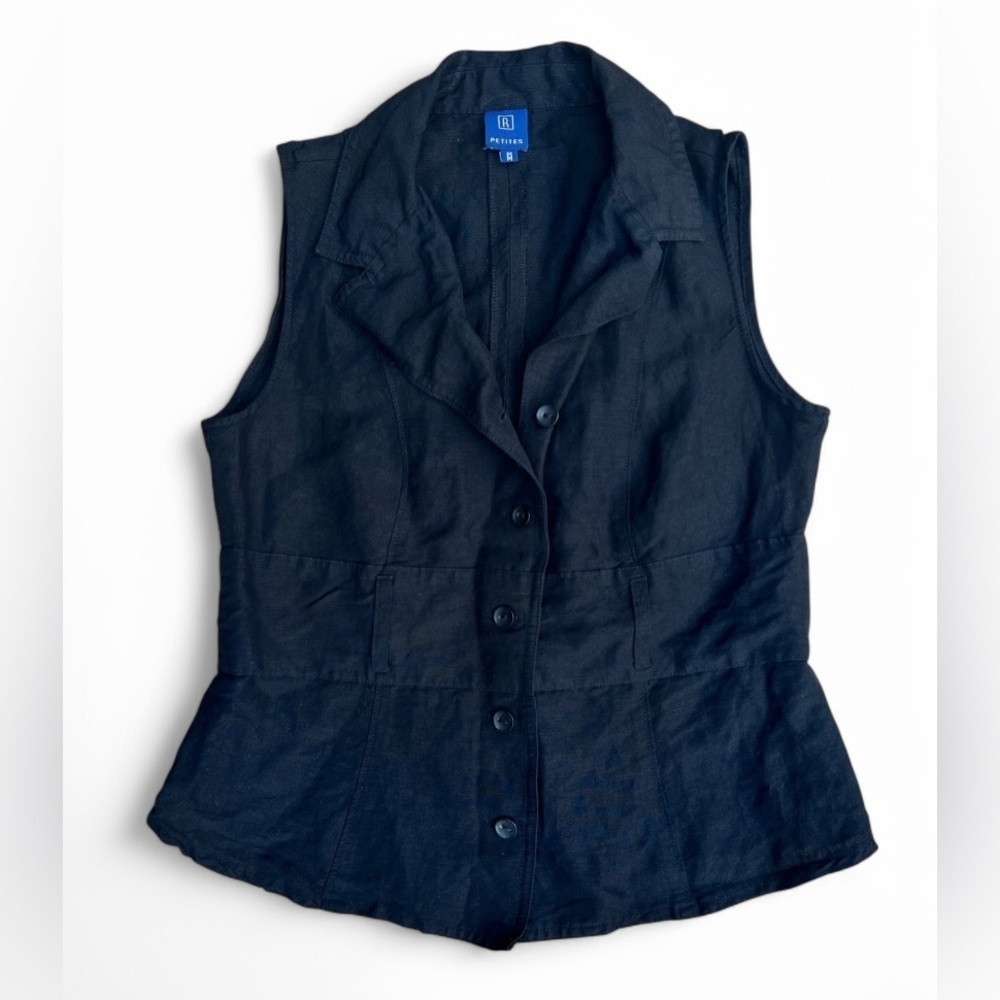 Black Linen Blend Button Vest Minimalist Capsule Top Medium